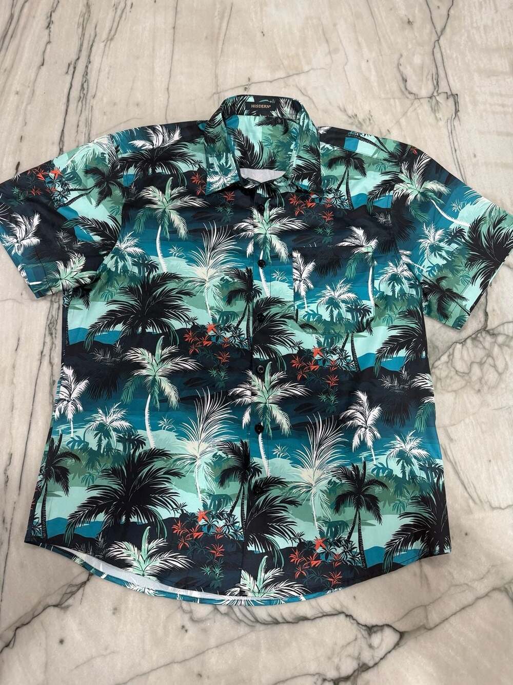 Hisdern Hawaiian Shirt Size L 17 Green Palm Tree Tropical Aloha Short Sleeve